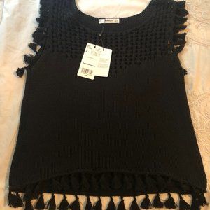 Mango Black Crochet Sleeveless Knit Tassel Top
